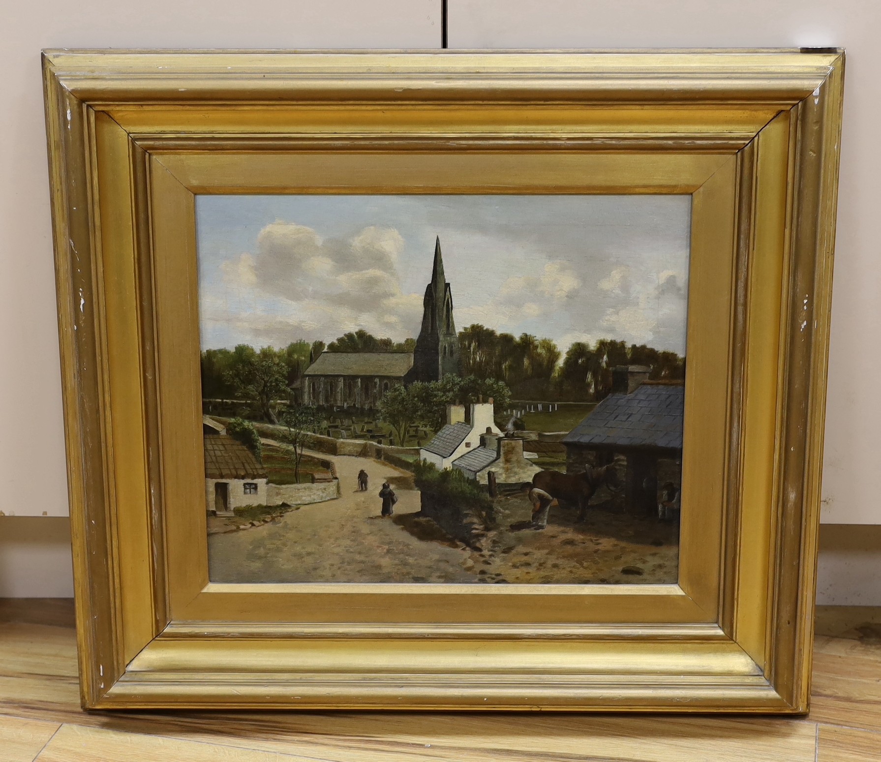 British School, 20th century, oil on board, country land landscape with spired church, 37 x 44cm